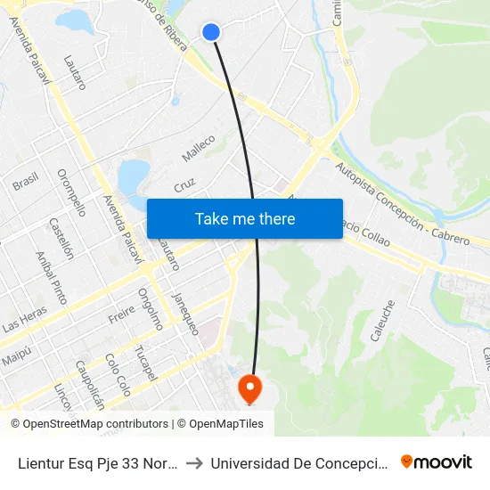 Lientur Esq Pje 33  Norte to Universidad De Concepción map