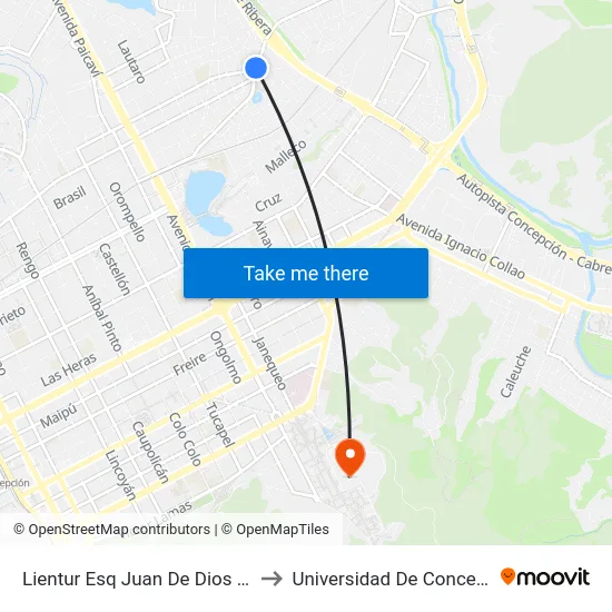 Lientur Esq Juan De Dios Rivera to Universidad De Concepción map