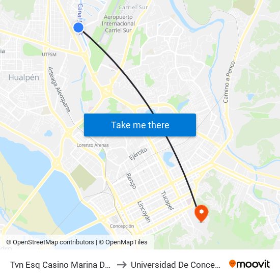 Tvn Esq Casino Marina Del Sol to Universidad De Concepción map