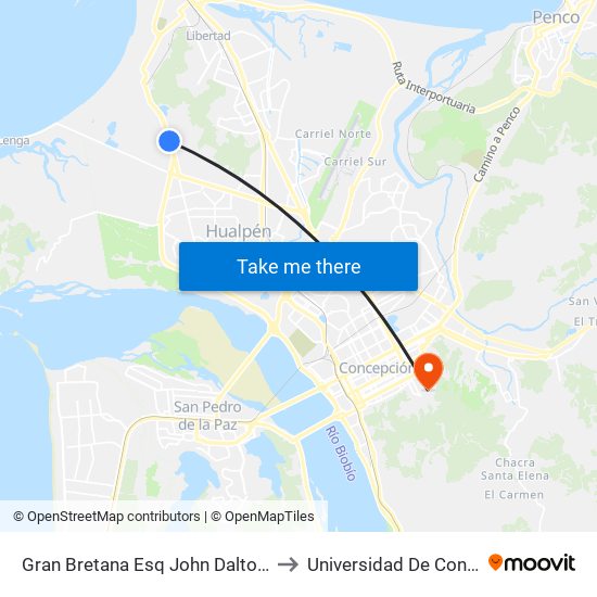 Gran Bretana Esq John Dalton  Poniente to Universidad De Concepción map