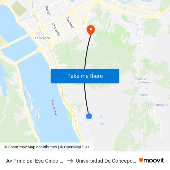 Av Principal Esq Cinco Pte to Universidad De Concepción map