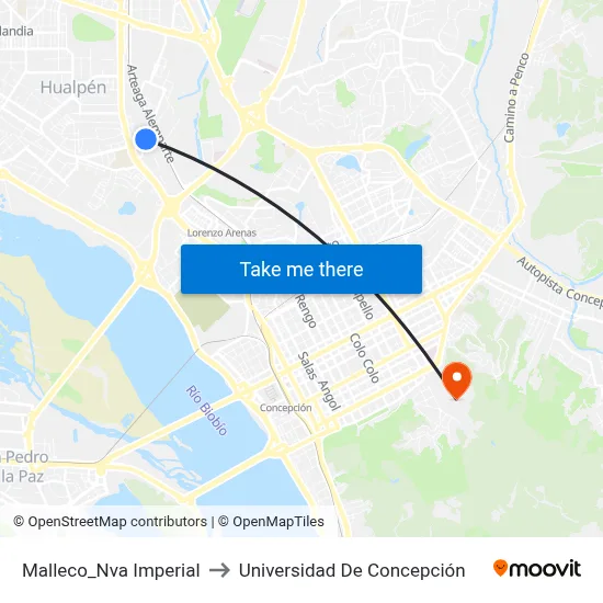 Malleco_Nva Imperial to Universidad De Concepción map