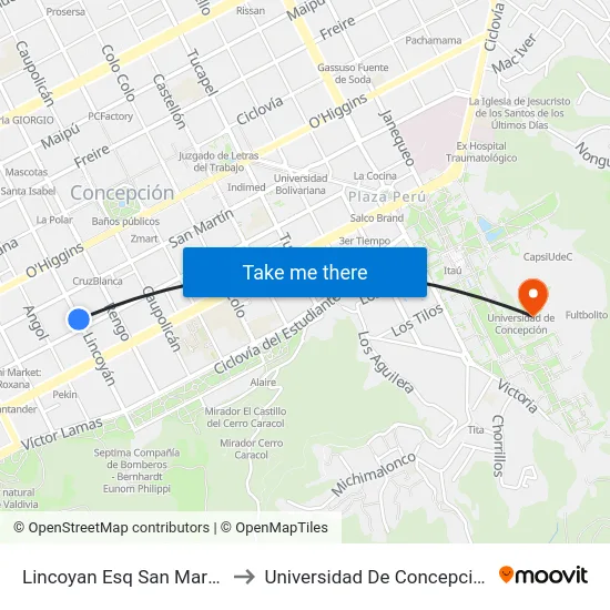 Lincoyan Esq San Martin to Universidad De Concepción map
