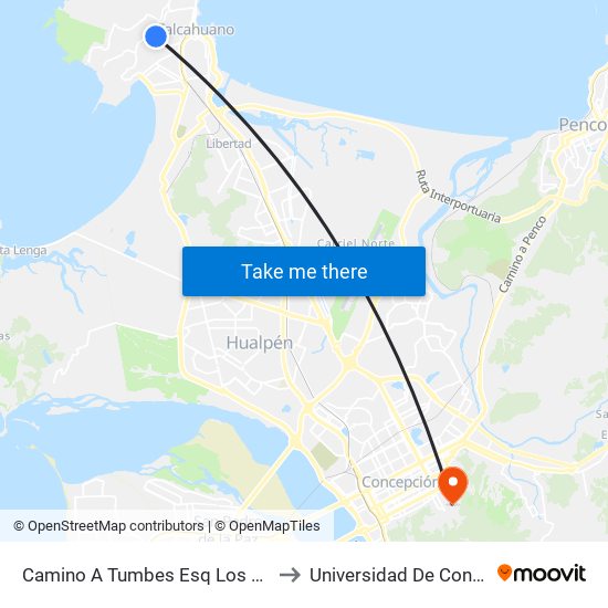 Camino A Tumbes Esq Los Araucanos to Universidad De Concepción map