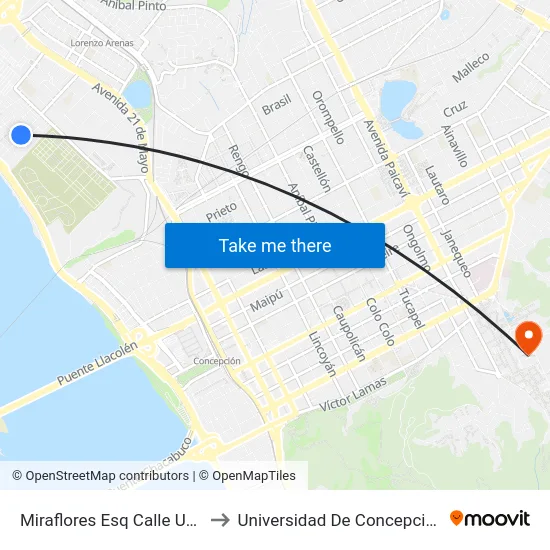 Miraflores Esq Calle Uno to Universidad De Concepción map