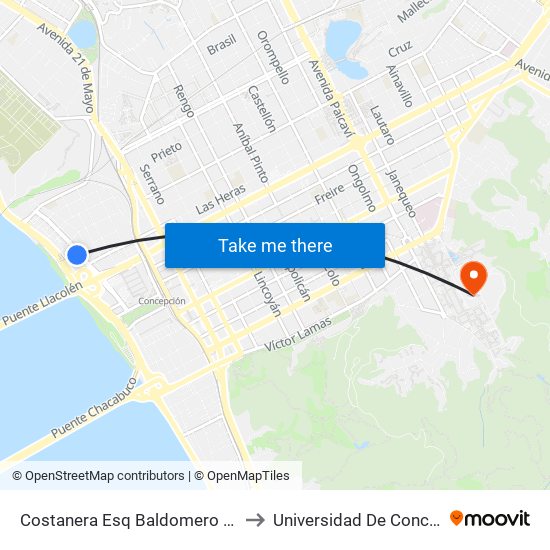 Costanera Esq Baldomero Sanchez to Universidad De Concepción map