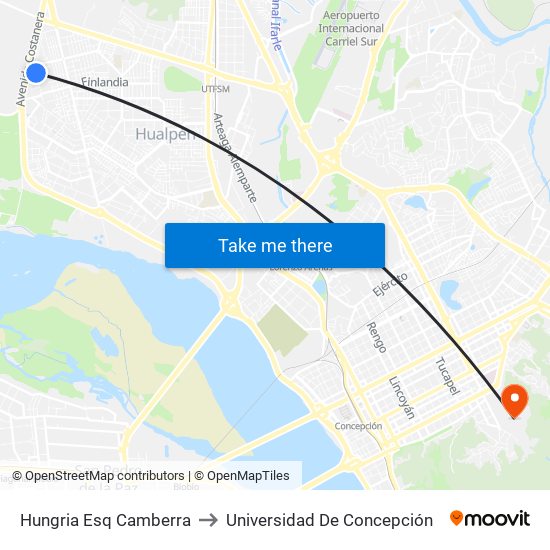 Hungria Esq Camberra to Universidad De Concepción map