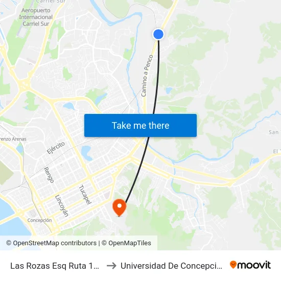 Las Rozas Esq Ruta 150 to Universidad De Concepción map