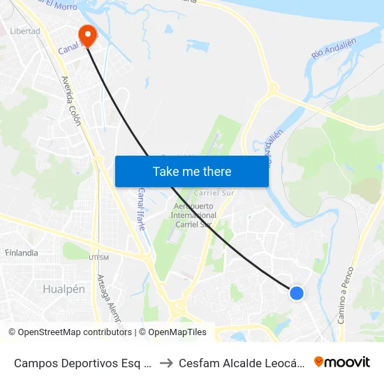 Campos Deportivos Esq Andalien to Cesfam Alcalde Leocán Portus map