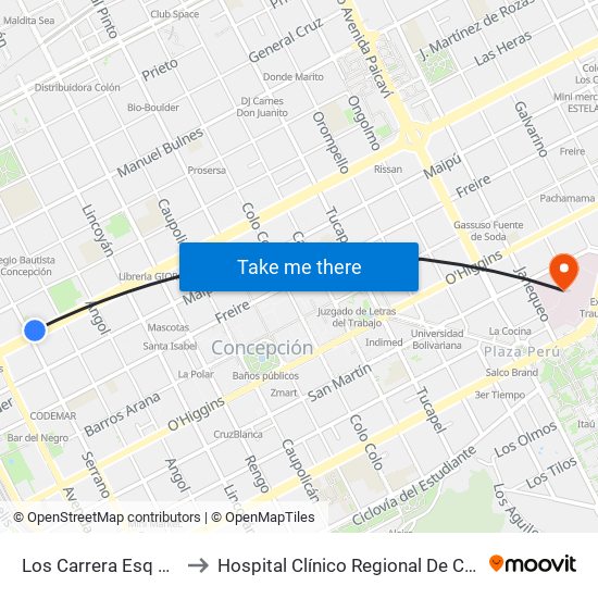 Los Carrera Esq Serrano to Hospital Clínico Regional De Concepción map