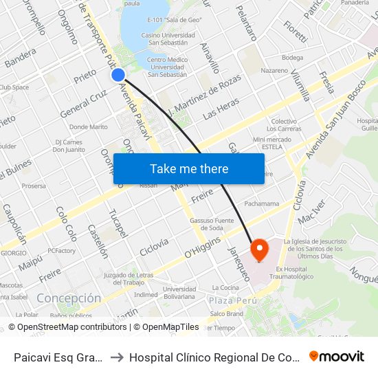 Paicavi Esq Gral Cruz to Hospital Clínico Regional De Concepción map