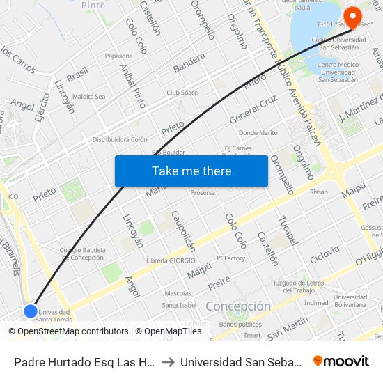Padre Hurtado Esq Las Heras to Universidad San Sebastián map