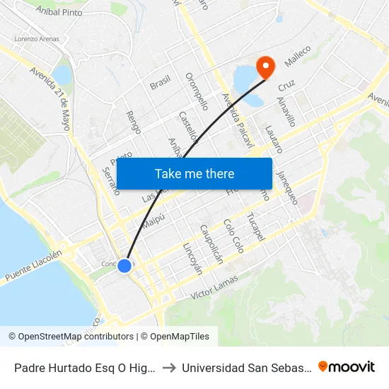 Padre Hurtado Esq  O Higgins to Universidad San Sebastián map