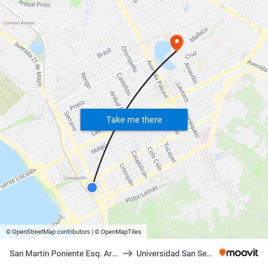 San Martín Poniente Esq. Arturo Prat to Universidad San Sebastián map