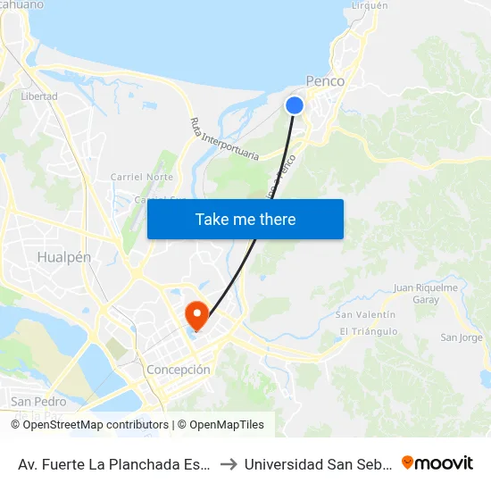 Av. Fuerte La Planchada Esq Quilla to Universidad San Sebastián map