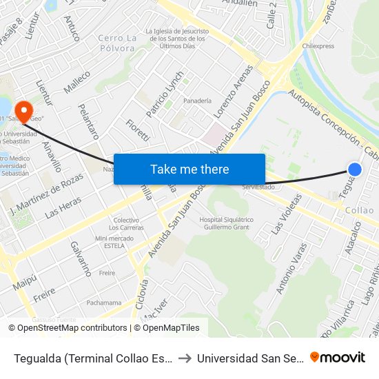 Tegualda (Terminal Collao Esq Estadio) to Universidad San Sebastián map