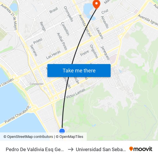 Pedro De Valdivia Esq Geswein to Universidad San Sebastián map