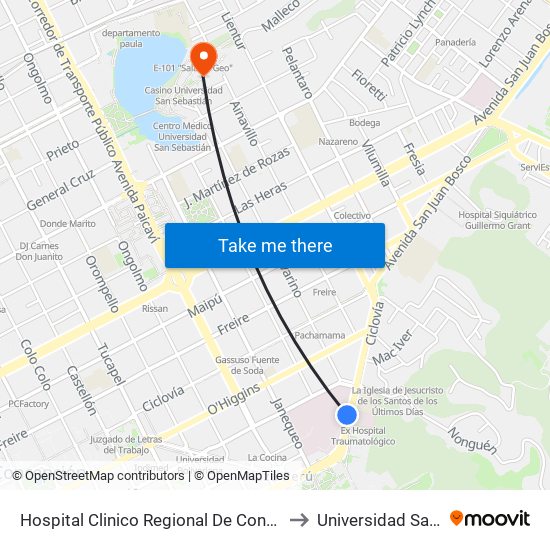 Hospital Clinico Regional De Concepcion Esq Roosevelt to Universidad San Sebastián map