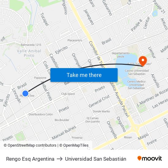 Rengo Esq Argentina to Universidad San Sebastián map