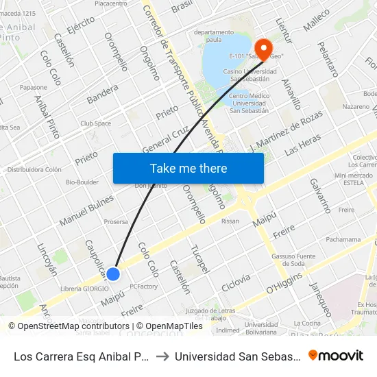 Los Carrera Esq Anibal Pinto to Universidad San Sebastián map