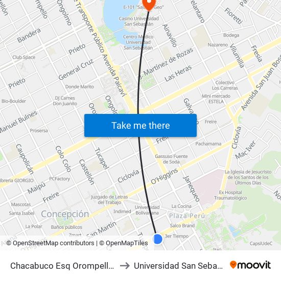 Chacabuco Esq Orompello  Sur to Universidad San Sebastián map