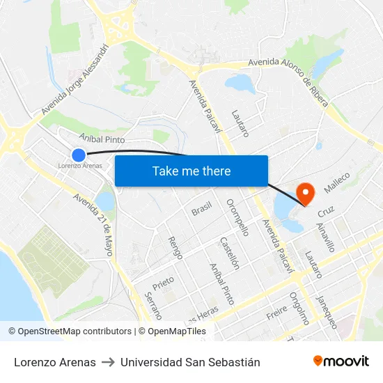 Lorenzo Arenas to Universidad San Sebastián map