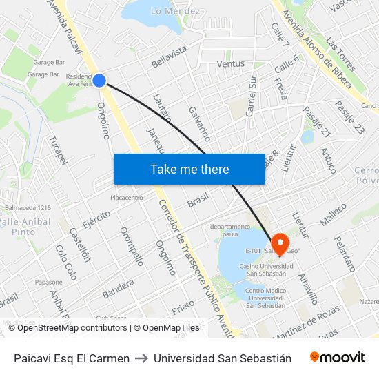 Paicavi Esq El Carmen to Universidad San Sebastián map