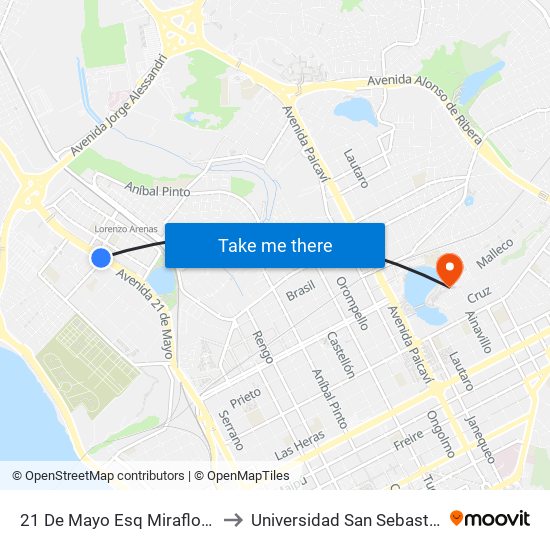 21 De Mayo Esq Miraflores to Universidad San Sebastián map