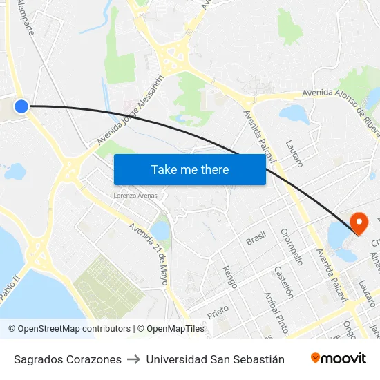 Sagrados Corazones to Universidad San Sebastián map
