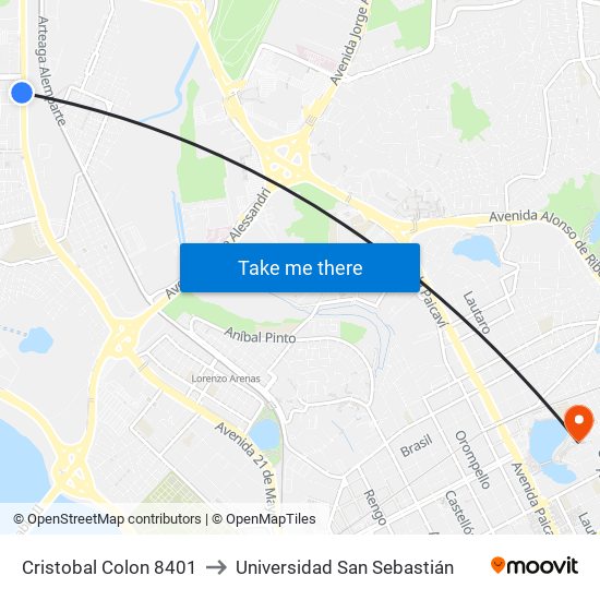 Cristobal Colon 8401 to Universidad San Sebastián map