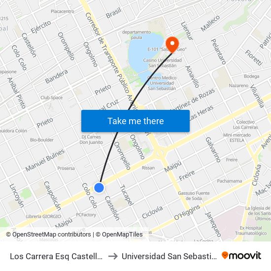 Los Carrera Esq Castellon to Universidad San Sebastián map