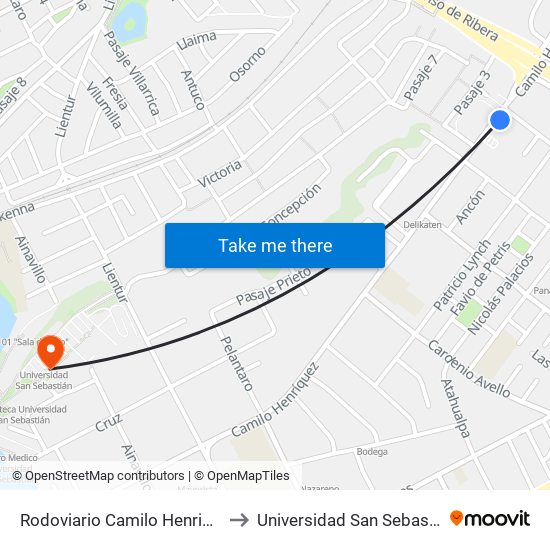 Rodoviario Camilo Henriquez to Universidad San Sebastián map