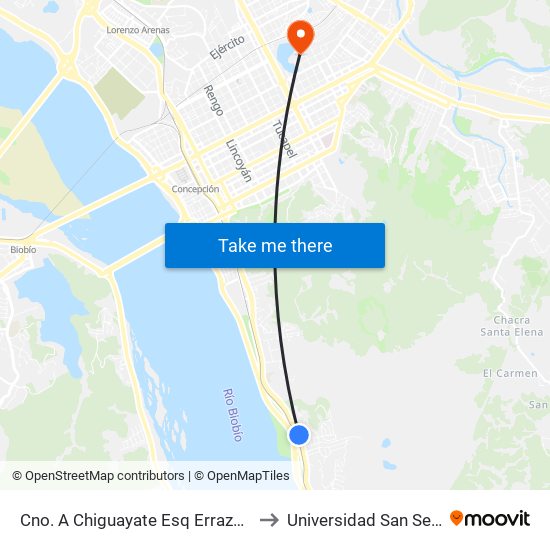Cno. A Chiguayate Esq Errazuriz  Oriente to Universidad San Sebastián map