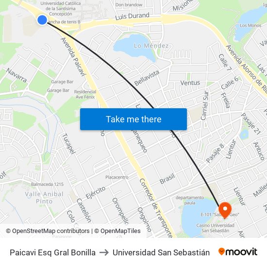 Paicavi Esq Gral Bonilla to Universidad San Sebastián map