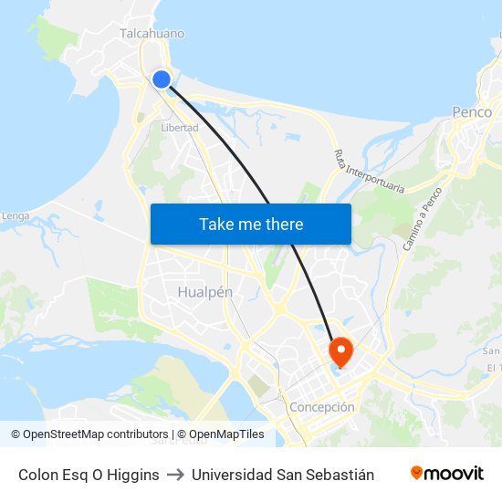 Colon Esq O Higgins to Universidad San Sebastián map