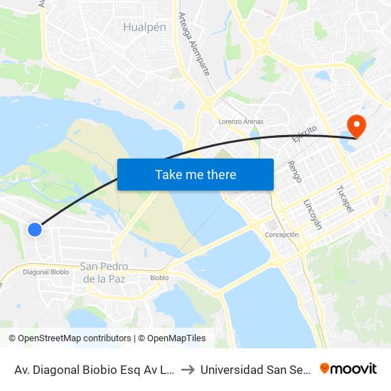 Av. Diagonal Biobio Esq Av Las Torres to Universidad San Sebastián map