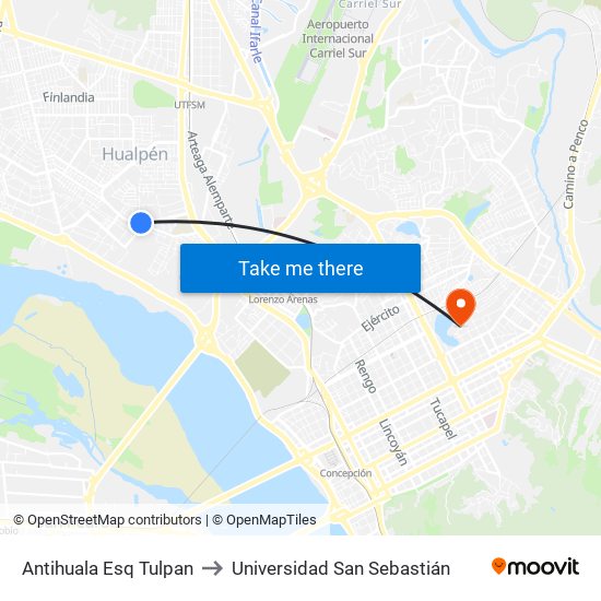 Antihuala Esq Tulpan to Universidad San Sebastián map