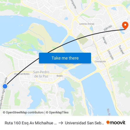 Ruta 160 Esq Av Michaihue  Oriente to Universidad San Sebastián map
