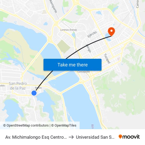 Av. Michimalongo Esq Centro Comercial to Universidad San Sebastián map