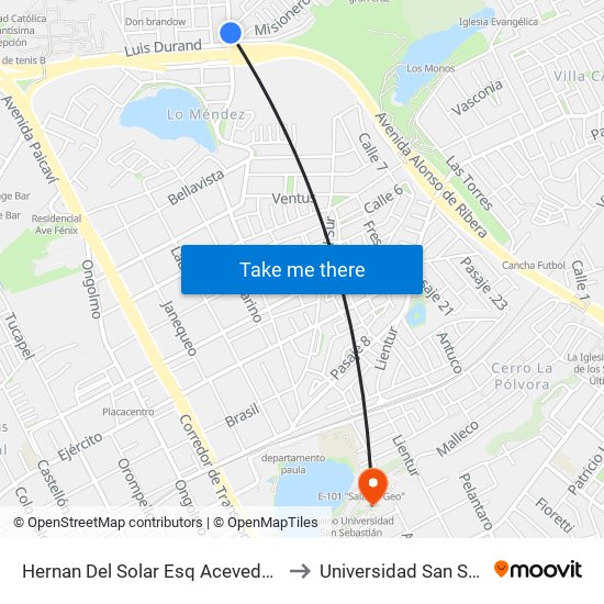 Hernan Del Solar Esq Acevedo Hernandez to Universidad San Sebastián map