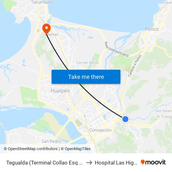 Tegualda (Terminal Collao Esq Estadio) to Hospital Las Higueras map