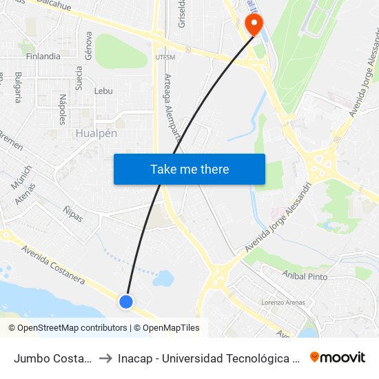Jumbo Costanera to Inacap - Universidad Tecnológica De Chile map