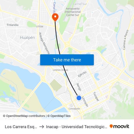 Los Carrera Esq Salas to Inacap - Universidad Tecnológica De Chile map