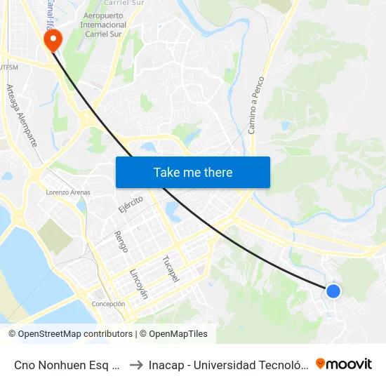 Cno Nonhuen Esq Rio Tolten to Inacap - Universidad Tecnológica De Chile map