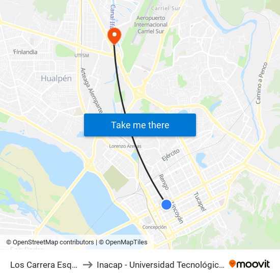Los Carrera Esq Angol to Inacap - Universidad Tecnológica De Chile map
