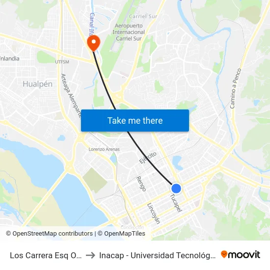 Los Carrera Esq Ongolmo to Inacap - Universidad Tecnológica De Chile map