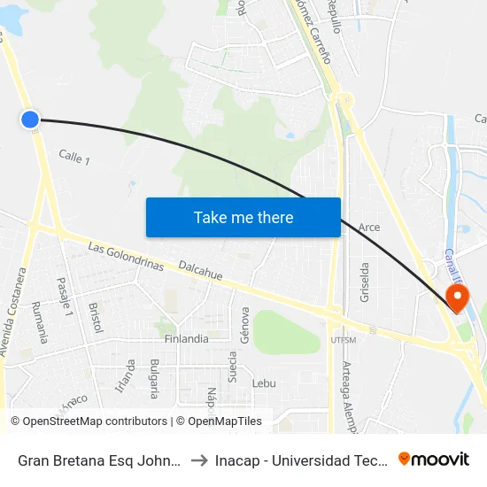 Gran Bretana Esq John Dalton  Poniente to Inacap - Universidad Tecnológica De Chile map