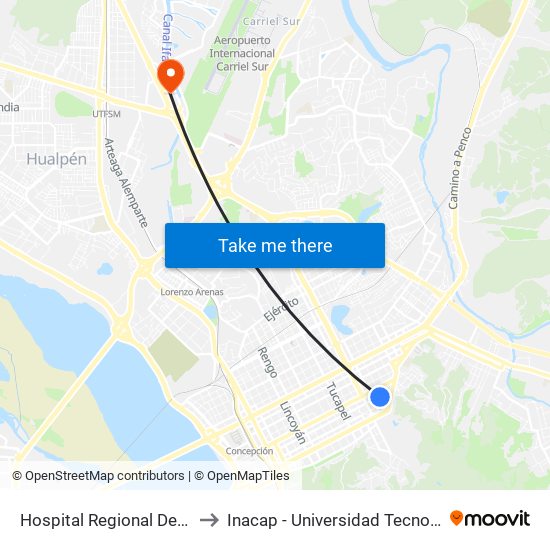 Hospital Regional De Concepcion to Inacap - Universidad Tecnológica De Chile map
