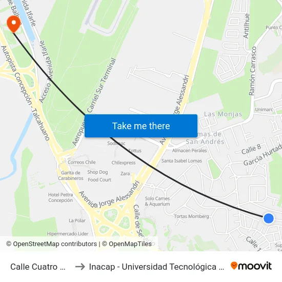 Calle Cuatro  Norte to Inacap - Universidad Tecnológica De Chile map