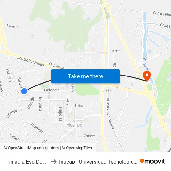 Finladia Esq Dover  Sur to Inacap - Universidad Tecnológica De Chile map